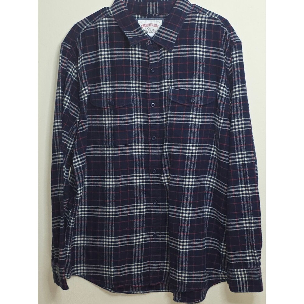 American Eagle Outfitters Navy Plaid Button-Down Shirt with White & Red Accents